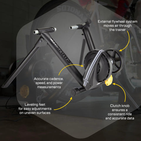 M2 Smart Indoor Bike Trainer with Zwift Compatibility, no-fuss wheel on mount, quiet electromagnetic resistance shown in black
