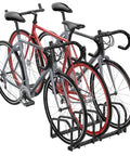 Three Bike Floor Stand For Garage And Home, No Fuss Parking Rack For Indoor Outdoor Storage, holds three bicycles
