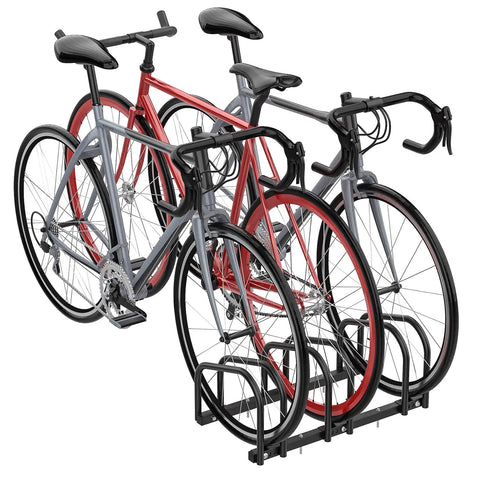 Three Bike Floor Stand For Garage And Home, No Fuss Parking Rack For Indoor Outdoor Storage, holds three bicycles