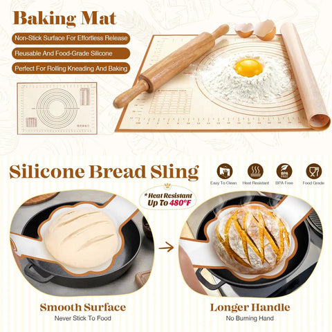 Baking mat with rolling pin, flour, and egg; Ultimate Sourdough Starter Kit With Dutch Oven For Homemade Bread Baking Essentials.