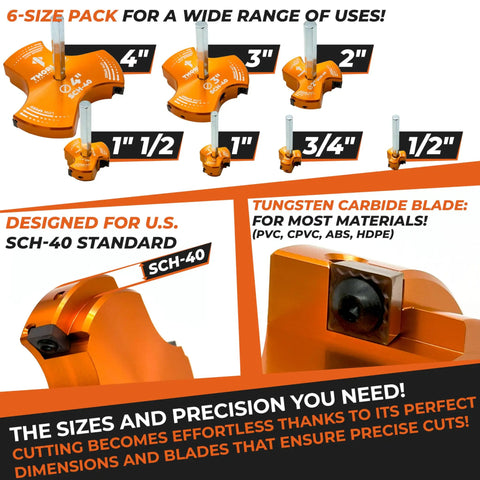 PVC Pipe Reamer TriForce Kit With Tungsten Carbide Blades, 7 Size Set From Half Inch To Four Inch Pipes, Fitting Saver For Plumbing