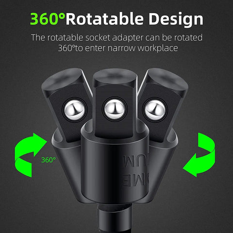 Beefed Up Workhorse 4 Piece Power Drill Socket Adapter Set With 360 Degree Rotating Sockets And 105 Degree Right Angle Driver, 1 Quarter Inch, 3 Eighth Inch, 1 Half Inch, Detent Ball Retention, Chrome Vanadium Steel, Black