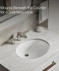 Oval Undermount Bathroom Sink White 17x14 Inch, Vitreous China, Overflow Drain, installed under marble countertop