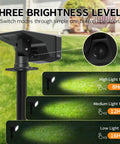 Outdoor Solar Spotlight Kit With 50 LED Lights IP65 Waterproof Landscape Pathway Lighting showing three brightness modes
