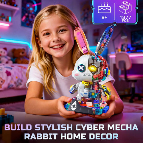Cyberpunk Bunny Building Set With 1377 Pieces Lighting LED Eyes Exposed Gears And Lit Parts Create A Futuristic Robo Rabbit Model Kit For Kids Aged 8 To 12 With Multi Joint Flexible Head Ears Hands And Feet, 1377 pcs