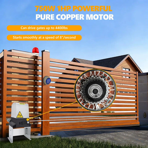 4400lb WiFi Sliding Gate Opener With Smart App Control With No Fuss Setup 750W motor detail and wooden gate in sunny yard