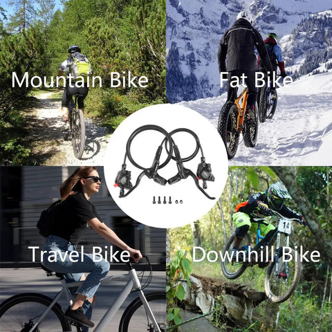 Image showing MT200 Hydraulic Disc Brake Set for Mountain Bikes with dual piston calipers and various bike types