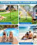 Six Nozzle Adjustable Standing Misting System For Outdoor Patio Cooling on lawn, near BBQ, poolside, and beach setting.