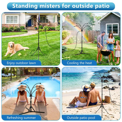 Six Nozzle Adjustable Standing Misting System For Outdoor Patio Cooling on lawn, near BBQ, poolside, and beach setting.