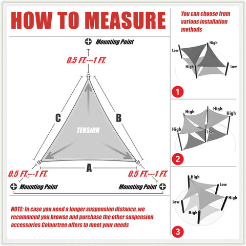 Diagram showing installation methods for Turquoise 10 By 10 By 10 Foot Sun Shade Sail Triangle Canopy Outdoor UV Block UV Resistant Shelter