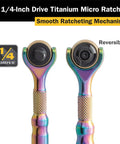 Quarter Inch Drive 90 Tooth Micro Ratchet With Full 252 Degree Swivel Head, ergonomic knurled handle, chrome vanadium steel, titanium finish