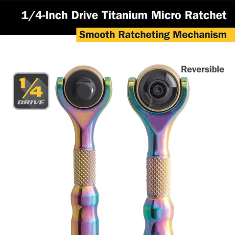Quarter Inch Drive 90 Tooth Micro Ratchet With Full 252 Degree Swivel Head, ergonomic knurled handle, chrome vanadium steel, titanium finish