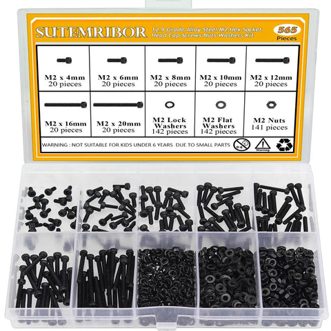 565 piece M2 hex socket head cap screws nuts washers set black fully threaded with M2 four to twenty millimeter sizes lock and flat washers 12.9 grade alloy steel the go to kit for DIY projects and repairs shown in a clear organized box