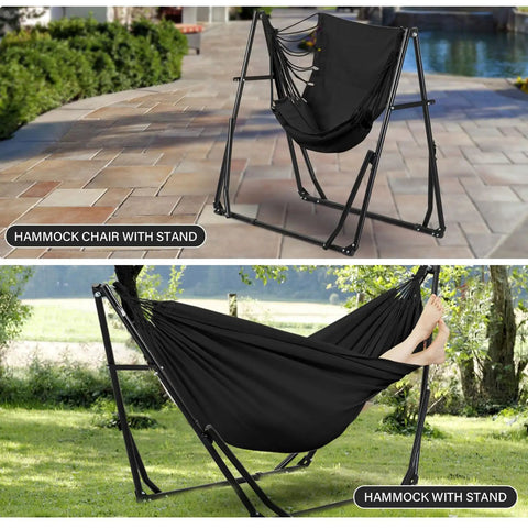 2 In 1 Hammock With Stand For Outdoors Portable Heavy Duty Steel Frame Supports Up To 480 Lbs Easy Setup In Minutes Black Multi Functional Swing Chair showing chair and hammock mode