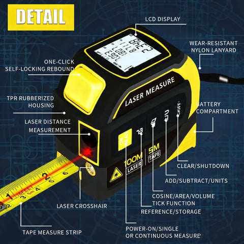 Straight Up Heavy Duty 4 In 1 Laser Tape Measure Boasting 328 Foot Range And 16 Foot Steel Backup, features LCD display and laser measurement.