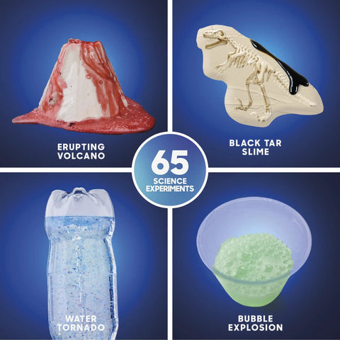 Product image showing erupting volcano, black tar slime, water tornado, and bubble explosion from Planet Earth Science Kit For Kids With 65 Hands On Experiments And DIY Activities From Volcanoes And Tornadoes To Fossils Crystals Slime Weather And More Fun Geology Chemistry And Archeology Learning Toys For Ages 8 Plus.
