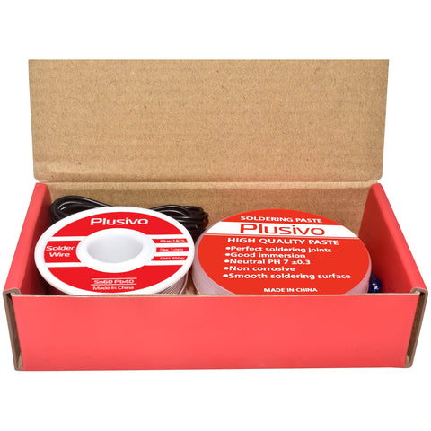 Open box showing Solder Wire and Rosin Paste Flux Kit for PCB Soldering and DIY Projects 60-40 Tin Lead Rosin Core Wire 1mm 100g and Rosin Flux Paste