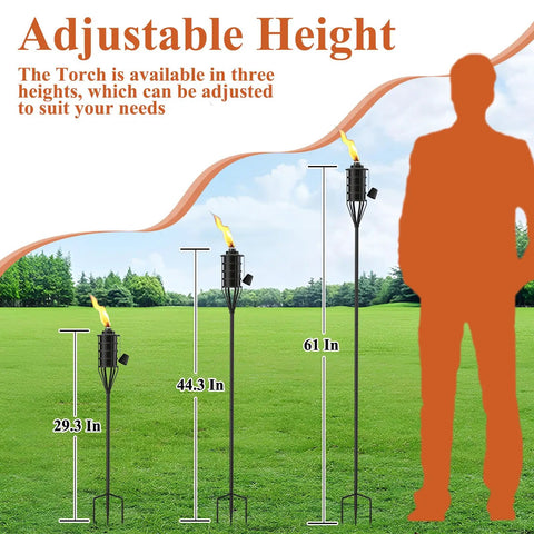 Illustration showing three heights of Citronella Garden Torch Set Of Six With Large 16 Ounce Metal Torches 59 And A Half Inch Tall Outdoor Torches On Three Prong Grounded Stakes For Patio Pathway Backyard Parties And Lawn Decor That Pops.