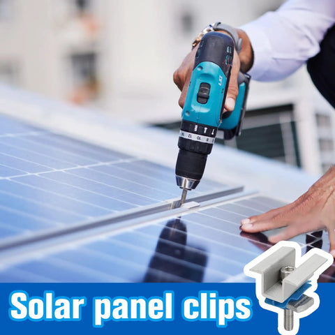 Person installing adjustable solar panel mounting bracket clamps kit on aluminum roof with drill