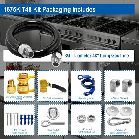 48 Inch Gas Hose Kit With Quick Disconnects And Three Quarter Inch Fittings, 2 Elbows, Gas Flex Line And Valve image