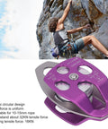 Front view of purple Beefy Outdoor Climbing Rescue Pulley With Swing Plate, 32KN Capacity, aluminum magnesium alloy, fits 15mm rope