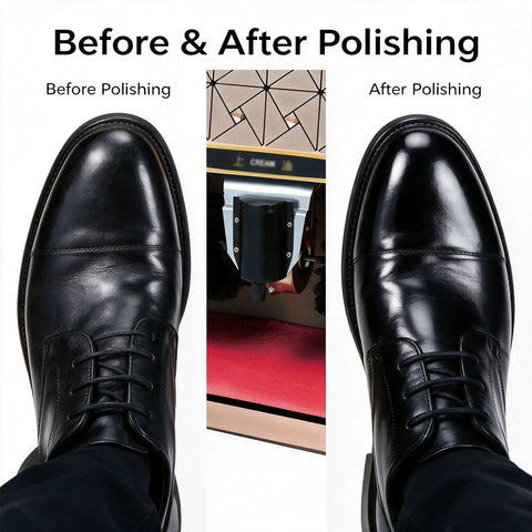 Before and after using 100 Watt Automatic Electric Shoe Polisher With Smart Induction Trigger And Dual Spherical Brushes Plus Integrated Polish Cup For Zero Fuss Killer Shine Ideal For Daily Maintenance Silver.