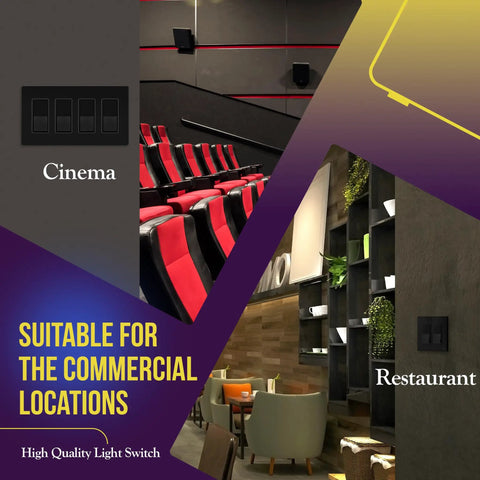 Slick Gloss Finish Decorator Paddle Rocker Light Switch in cinema and restaurant settings, suitable for commercial locations.