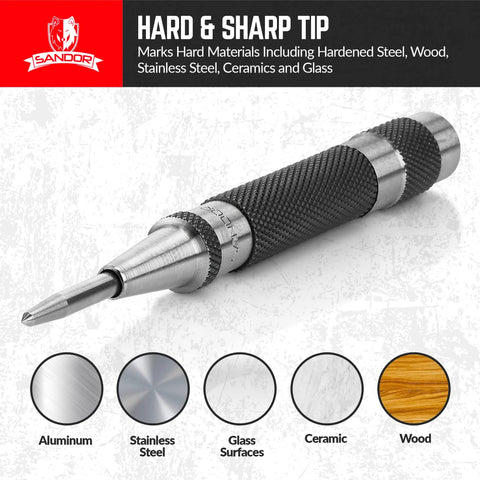 Sandor two-pack heavy-duty automatic center punch with knurled black grip and hardened steel tips