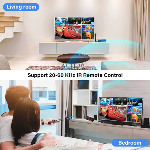 Living room and bedroom setup using HDMI Wireless Transmitter And Receiver Kit With 250m Range And 820ft Range, 1080p Full HD Streaming From DSLR Laptop TV Box PS4 To TV Or Projector, Loop Out, 2.4GHz And 5.8GHz Dual Band, IR Remote Support.