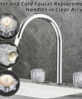 Clear Acrylic Bathroom Faucet Knob Handles Kit For Hot And Cold Water Upgrade displayed on a modern sink