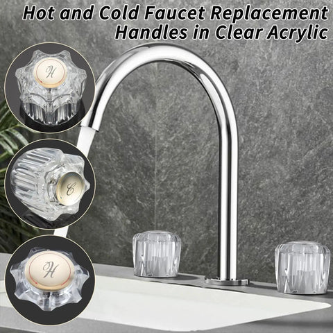 Clear Acrylic Bathroom Faucet Knob Handles Kit For Hot And Cold Water Upgrade displayed on a modern sink