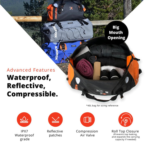 60L Waterproof Motorcycle Dry Bag Duffle For Travel And Adventure Gear with open top showing packed contents, black.