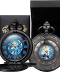 Skeleton Pocket Watch With Mechanical Movement And Double Cover Roman Numeral Dial Standable Half Hunter Photo Insert