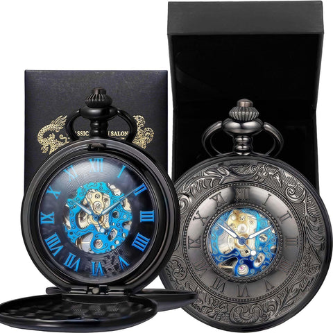 Skeleton Pocket Watch With Mechanical Movement And Double Cover Roman Numeral Dial Standable Half Hunter Photo Insert