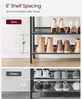 Four Tier Shoe Rack For Entryway Storage Freestanding Adjustable Mesh Shelves Heavy Duty Industrial Organizer showcasing 8" shelf spacing.