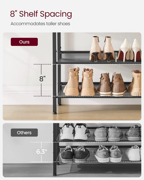 Four Tier Shoe Rack For Entryway Storage Freestanding Adjustable Mesh Shelves Heavy Duty Industrial Organizer showcasing 8" shelf spacing.