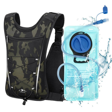 Hydration Backpack With 2L Water Bladder, Lightweight Running Vest, camouflage design, and leakproof bite valve, adjustable straps