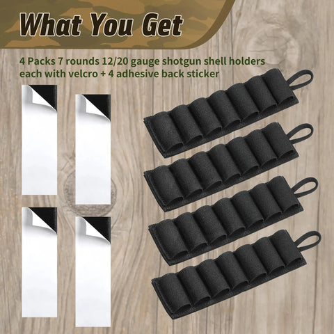 Image showing 4 Packs 7 Rounds 12 And 20 Gauge Tactical Shotgun Shell Holder Carrier with Adhesive Side Saddle Nylon Pouch in black.