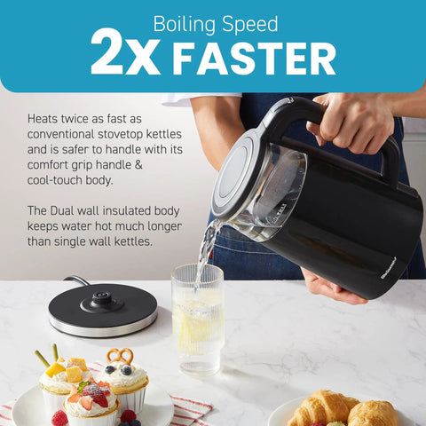1.7L Dual Wall Electric Tea Kettle With Cool Touch Borosilicate Glass, 304 Stainless Steel Interior in use, pouring water into glass