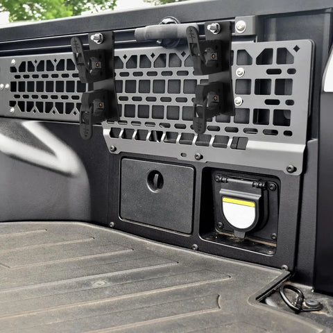 Heavy Duty Bed Rail Mount Brackets For Toyota Tacoma Truck Shovel Axe Tool Holder with sturdy steel design, installed behind cab.