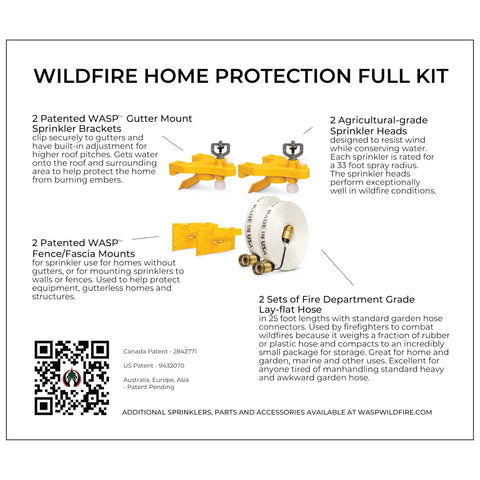 Wildfire Defense Kit includes WASP gutter mounts, agricultural sprinkler heads, and lay-flat hose for effective protection.