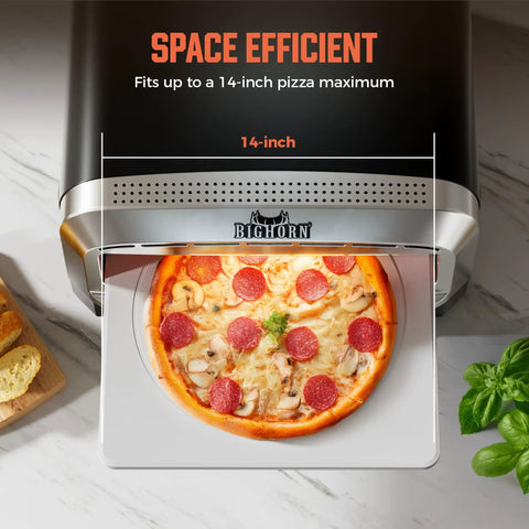 14-Inch Indoor Pizza Oven With 850°F High Heat, electric countertop pizza oven, baking a pepperoni pizza, includes pizza stone