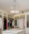 Modern Lattice Drum Pendant Chandelier 3 Light Hanging Light With Glass Diffuser In Brushed Nickel Finish in a walk-in closet