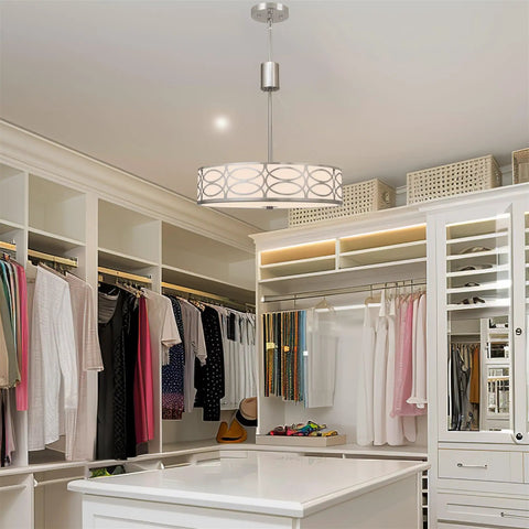 Modern Lattice Drum Pendant Chandelier 3 Light Hanging Light With Glass Diffuser In Brushed Nickel Finish in a walk-in closet