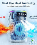 Evaporative Mini AC Fan With Ice Mist Cooler showing airflow and cooling effect by 25°F, portable design for bedroom and camping.