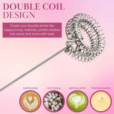 Close-up of double coil whisk from Electric Handheld Milk Frother With Double Coil Whisk And Gold Stand, Battery Powered.