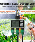 Three Zone Hose Water Timer With Independent Outlets And LCD Display in garden with dog and sprinklers