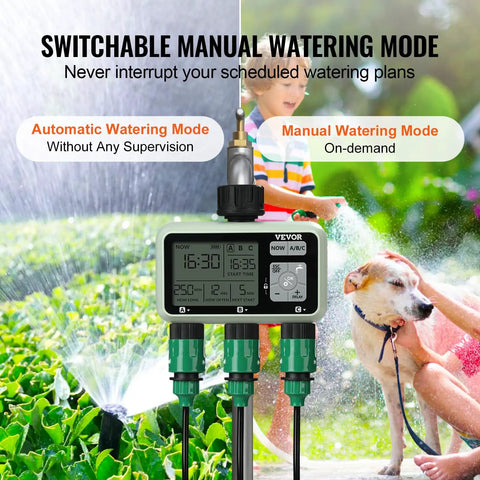 Three Zone Hose Water Timer With Independent Outlets And LCD Display in garden with dog and sprinklers