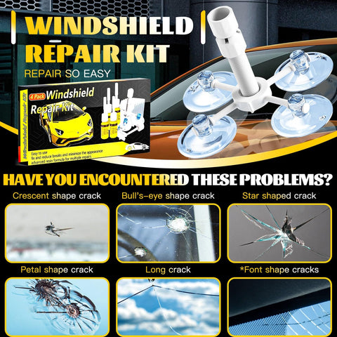 Fast Windshield Chip And Crack Repair Kit Four Pack For Cars with suction cups and illustrated crack types