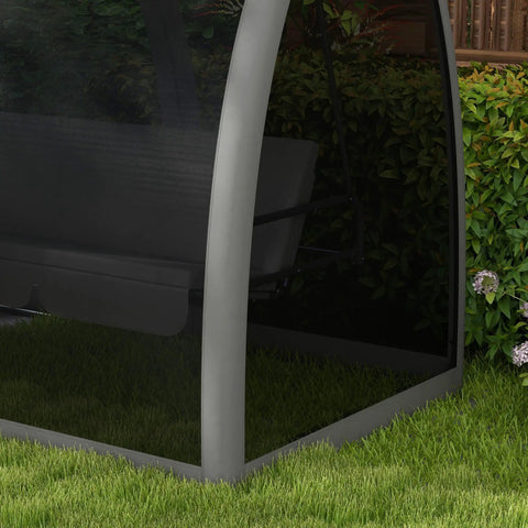 Side view of 3 Seat Outdoor Patio Swing Daybed With Convertible Backrest and Mesh Netting, shown in a garden setting, Gray.
